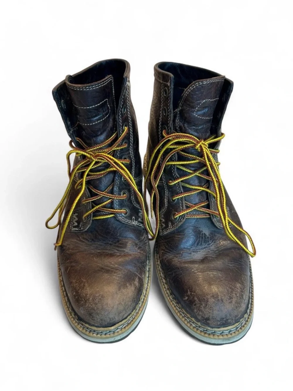 Men's Brown Leather Work Boots with Yellow Laces